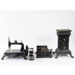 Lot miscellaneous: cast iron rotisserie with clock France circa 1890, Demon King Birmingham lantern,