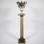 19th century wooden column pedestal with painted wooden candlestick