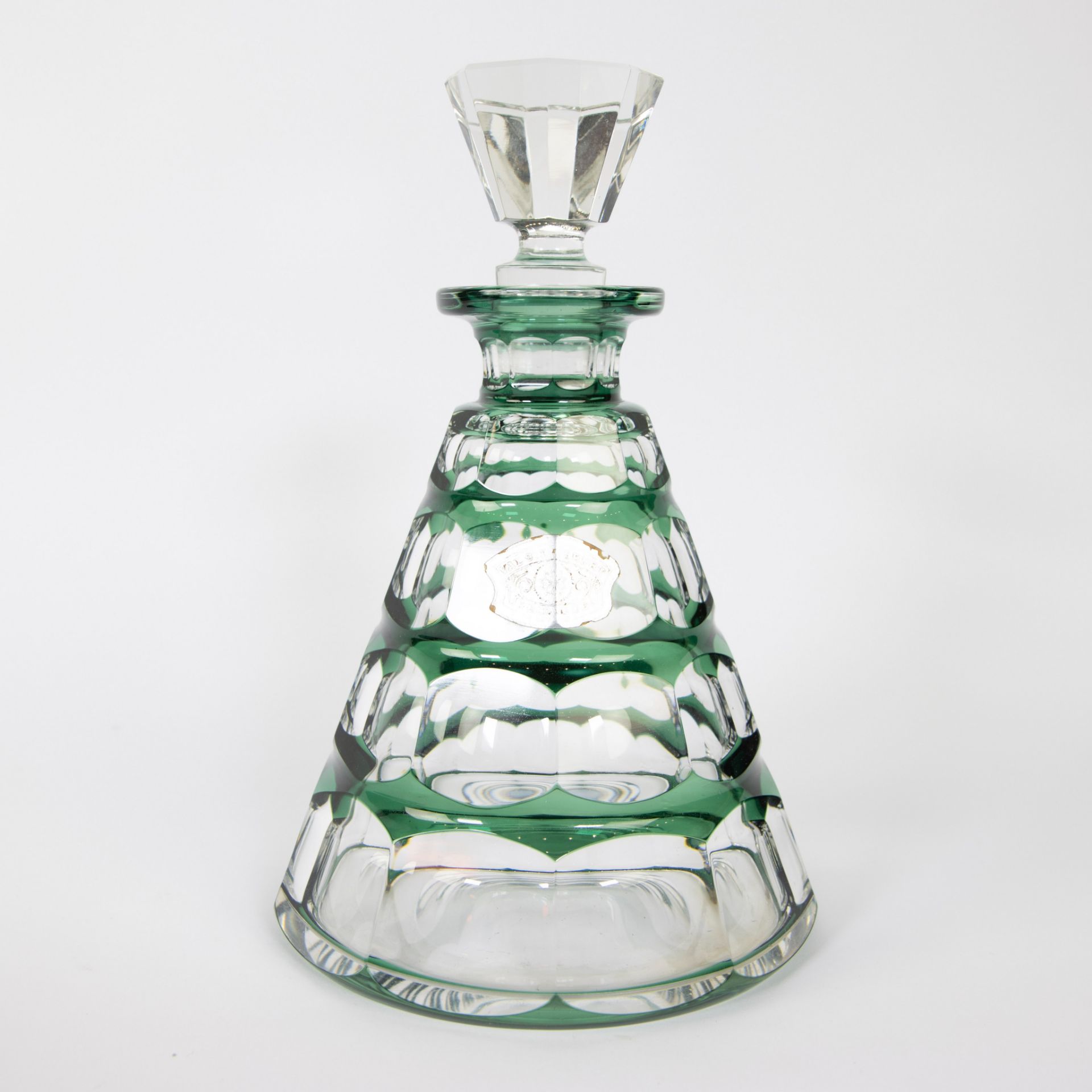 Val Saint Lambert Art Deco crystal liqueur set in clear and green cut crystal, decanter and 6 glasse - Image 2 of 3
