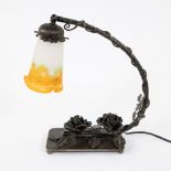 Art Deco table lamp in wrought iron with glass paste shade, circa 1920