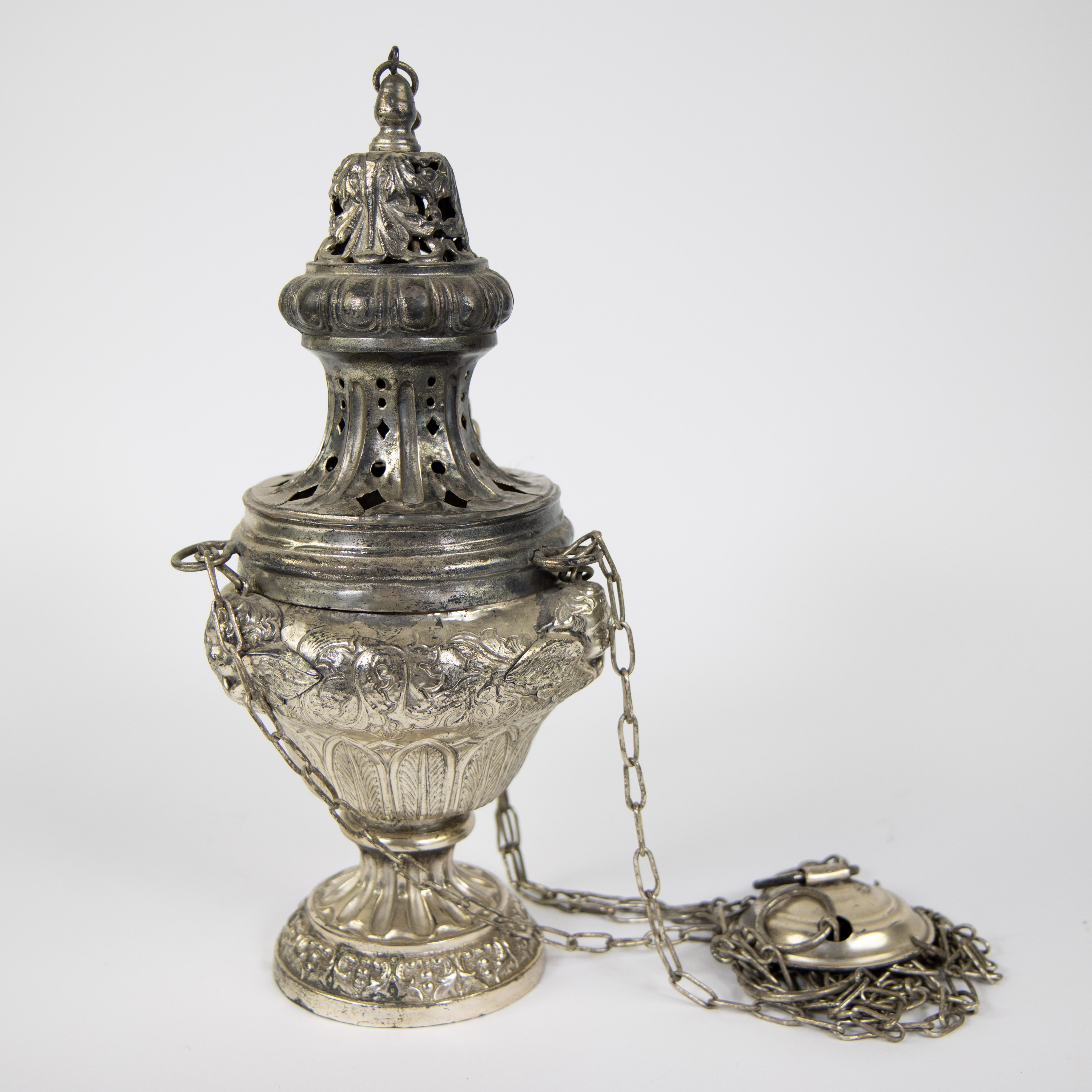 Silver plated incense burner finely embossed with leaf motifs, 19th century