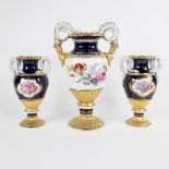 Lot of 3 hand-painted porcelain vases MEISSEN with floral decor, cobalt blue and gold gilded backgro