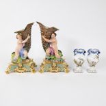 Pair of polychrome vases children with a horn Vieux Paris and pair of handpainted vases with coat of