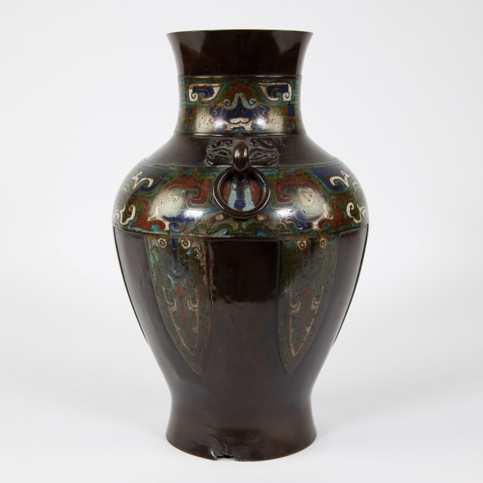 Japanese bronze champlevé vase, marked, 19th century - Image 2 of 5