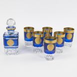 Val Saint Lambert Whiskey crystal decanter and 6whiskey glasses clear and blue crystal with gilded d