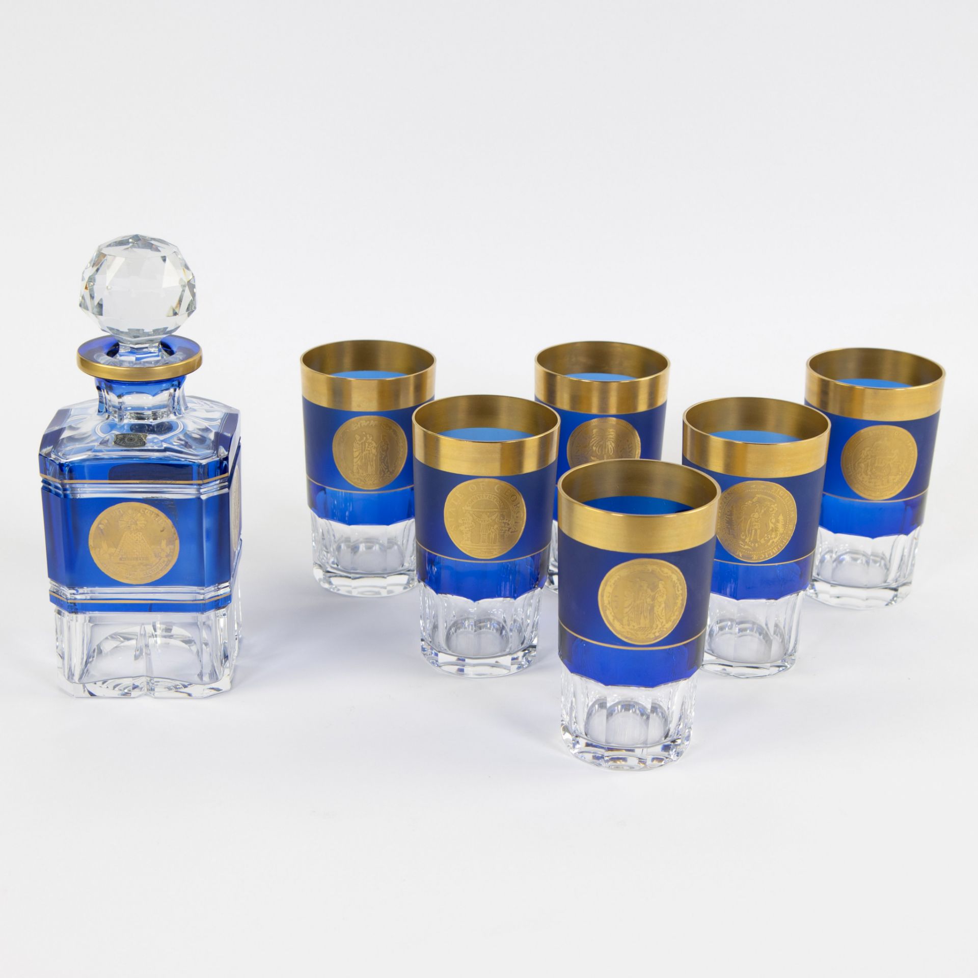 Val Saint Lambert Whiskey crystal decanter and 6whiskey glasses clear and blue crystal with gilded d