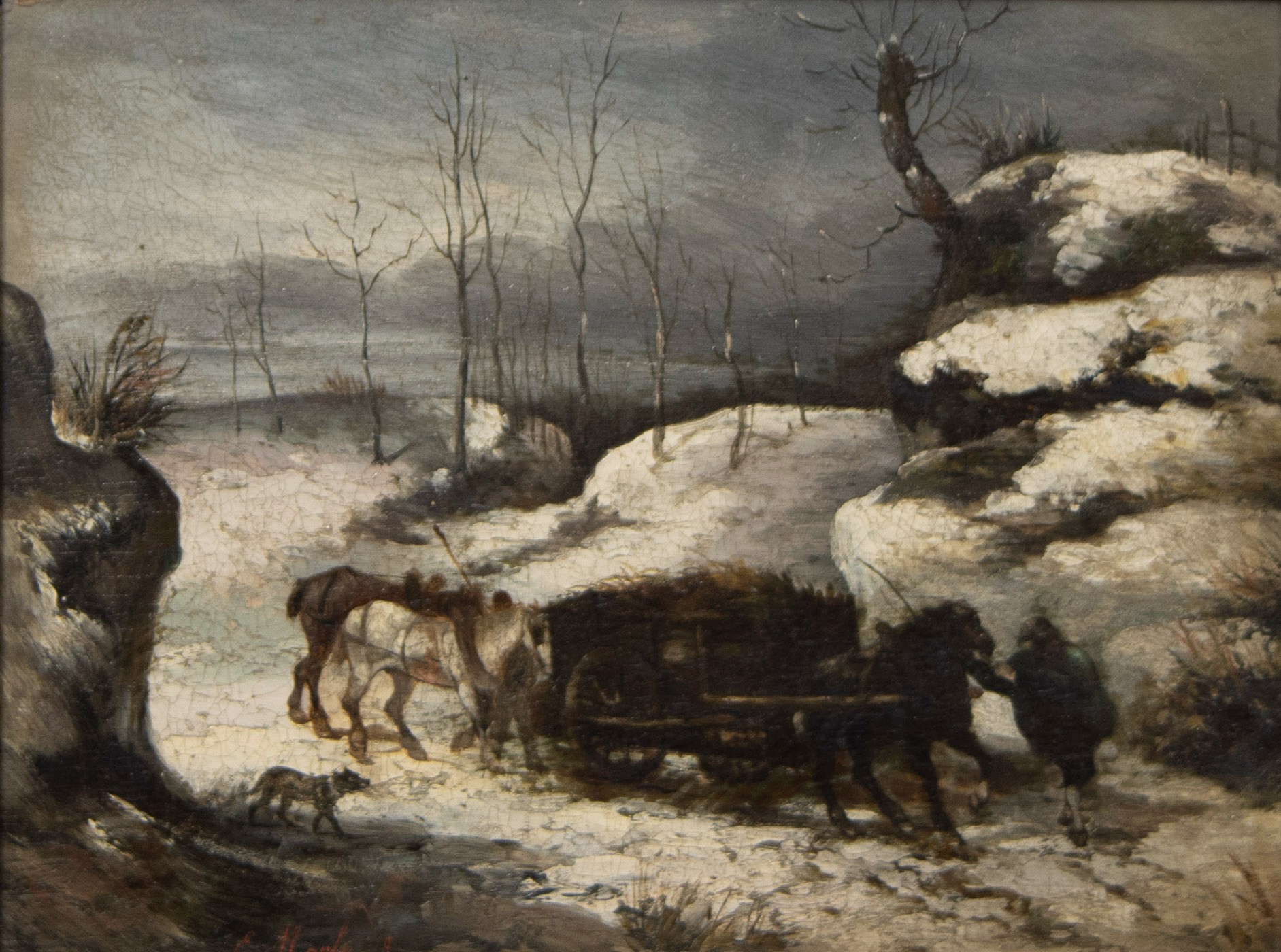 19th century oil on panel Animated winter view, drawn