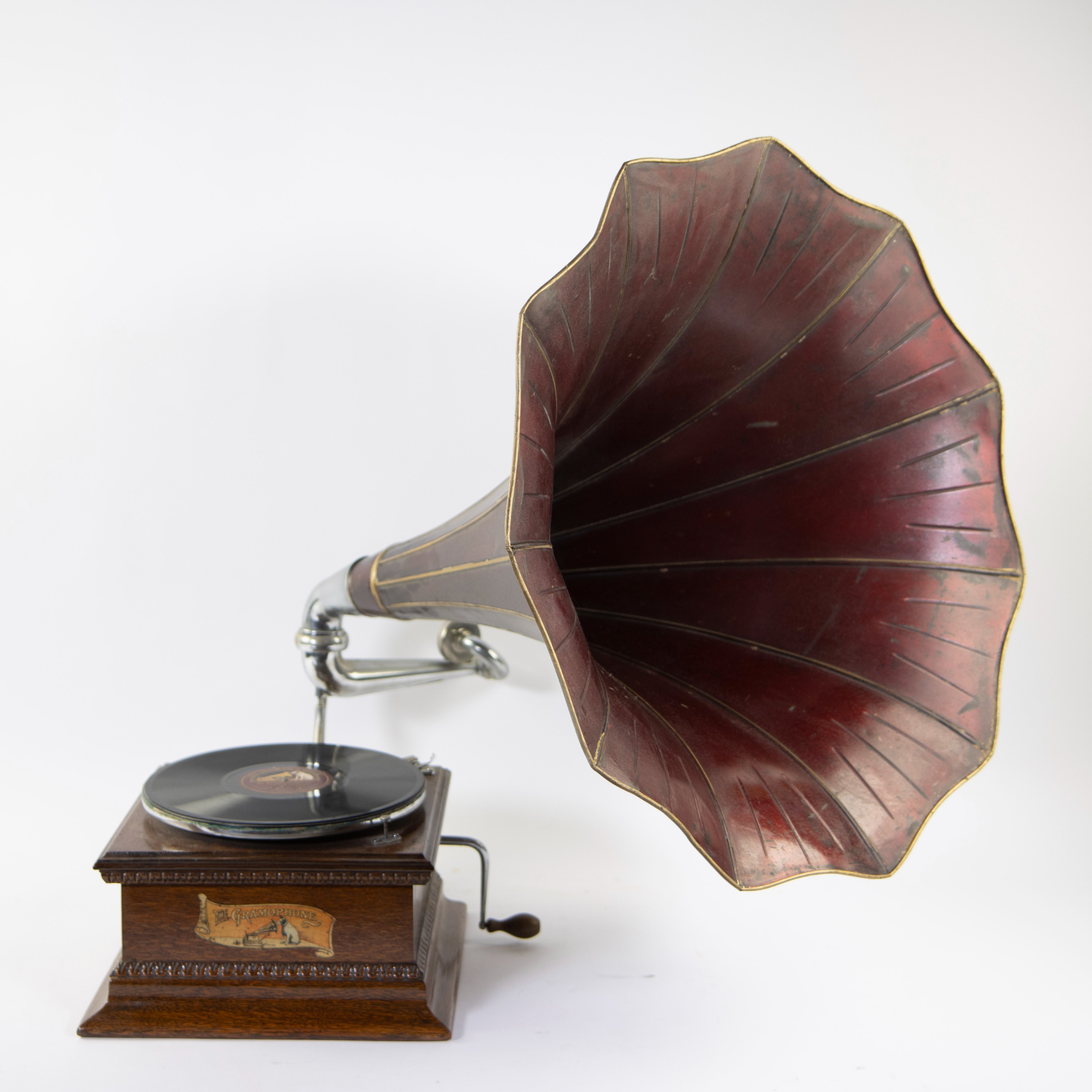 His Masters Voice gramophone in wooden box with copper horn