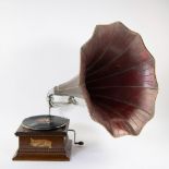 His Masters Voice gramophone in wooden box with copper horn