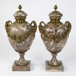 Pair French marble casolets with bronze garlands circa 1890