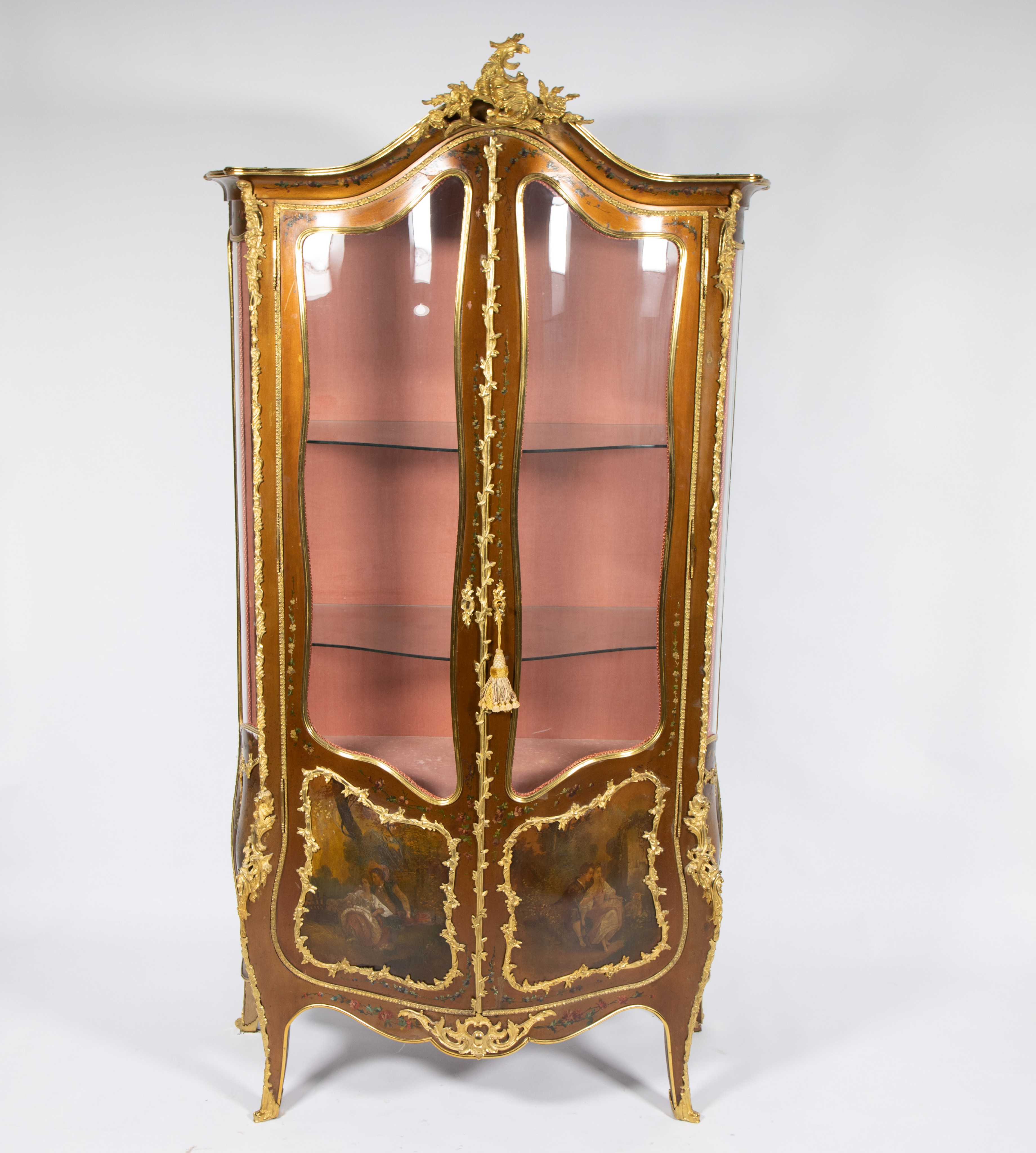 Curved display cabinet LXV style in rosewood veneer, decoration on the front of a romantic scene, gi