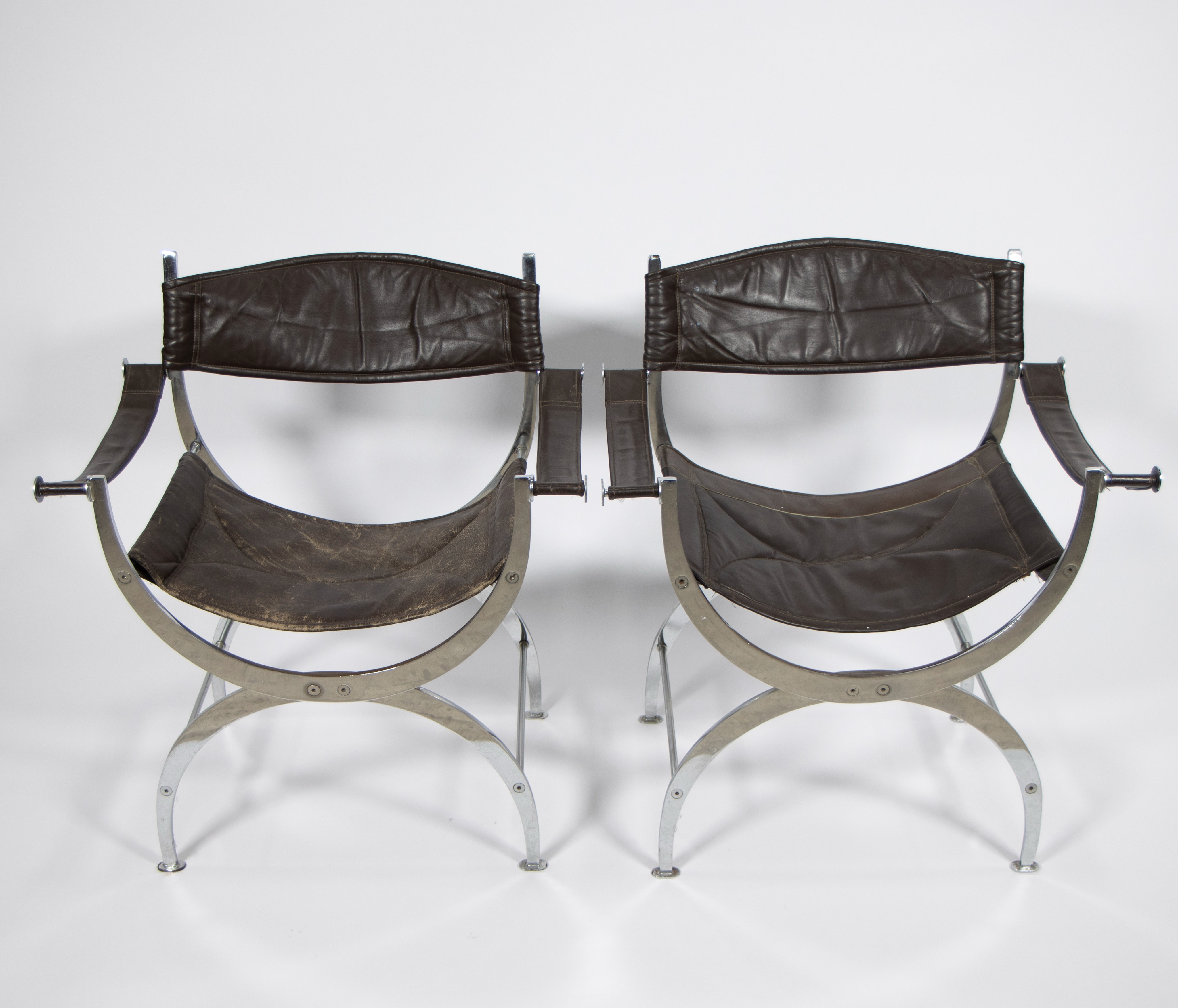 Pair of vintage leather and chromed metal curules chair 1970s