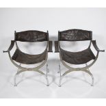 Pair of vintage leather and chromed metal curules chair 1970s