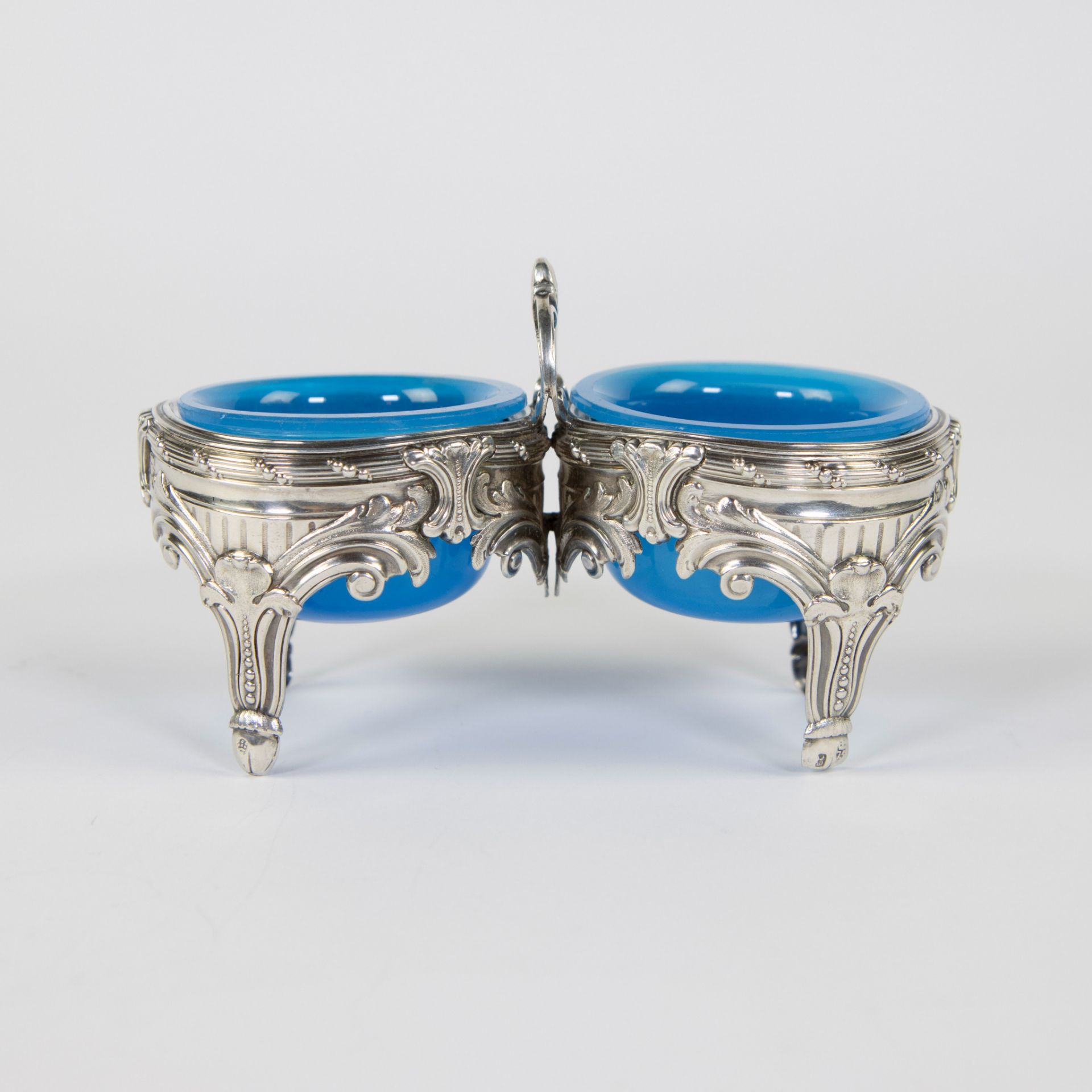 Silver salt cellar with light blue glass compartments, Mons, 18th century
