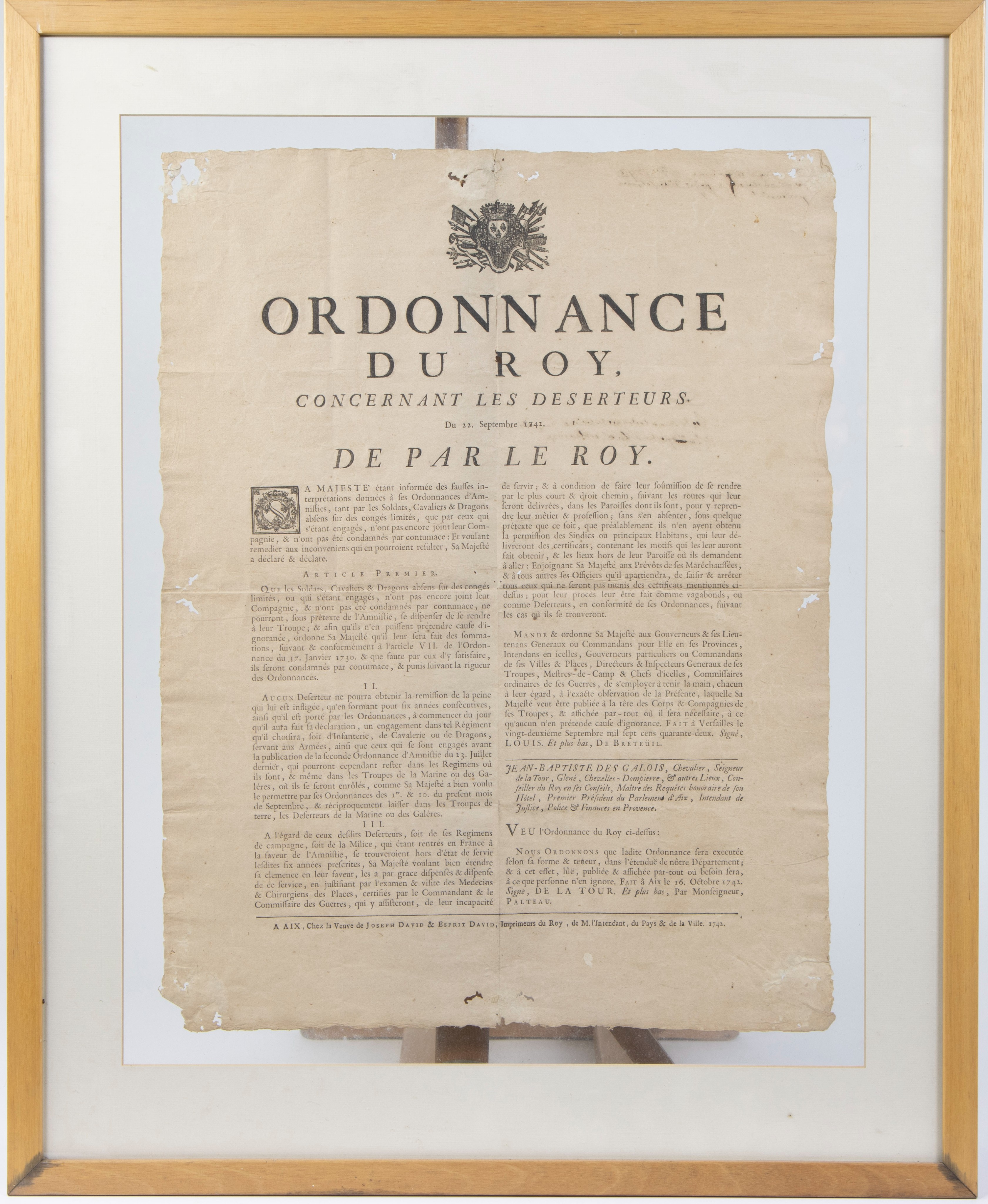 Ordonance Du Roy concernant les déserteurs 1742 De par le Roi