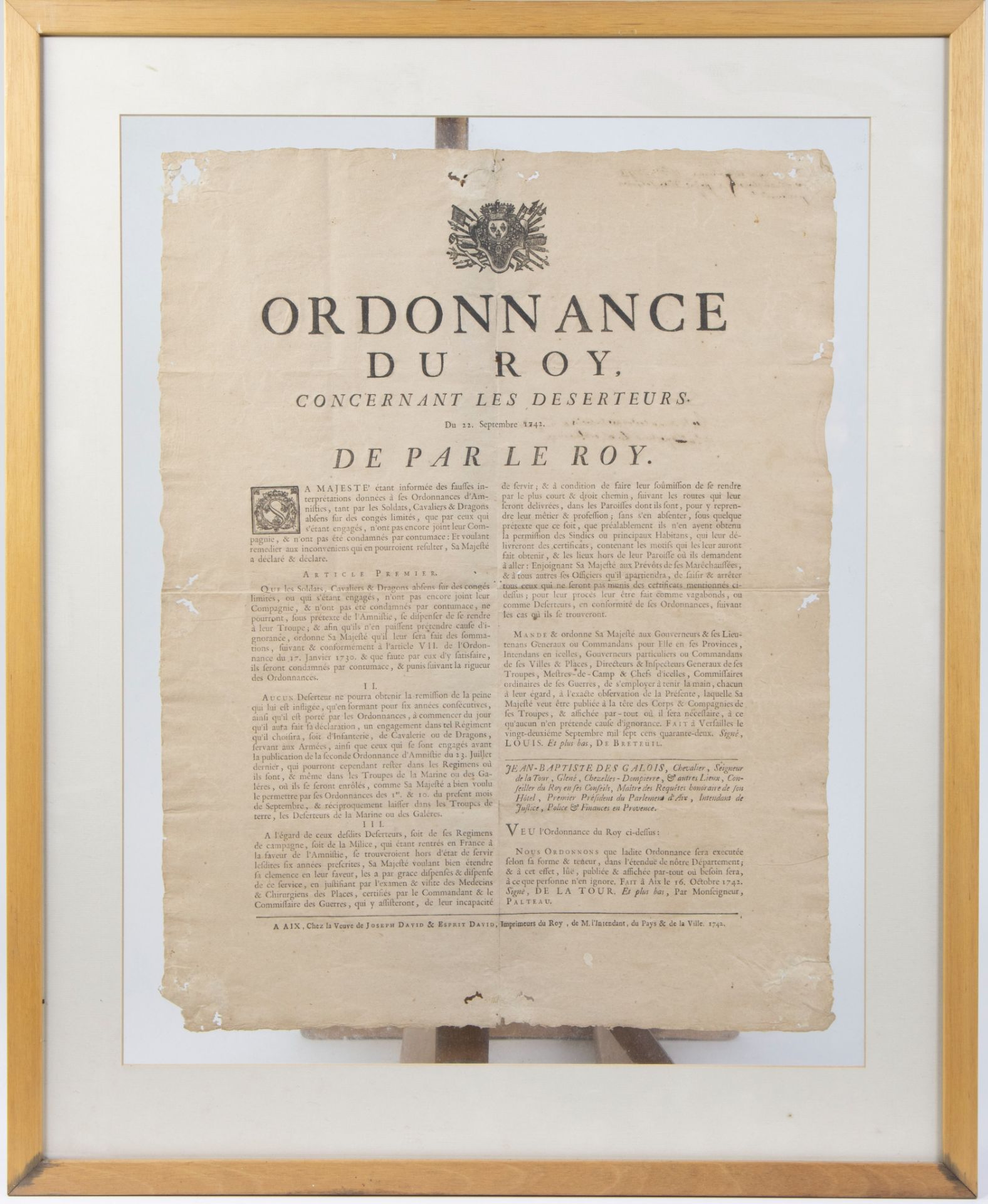 Ordonance Du Roy concernant les déserteurs 1742 De par le Roi