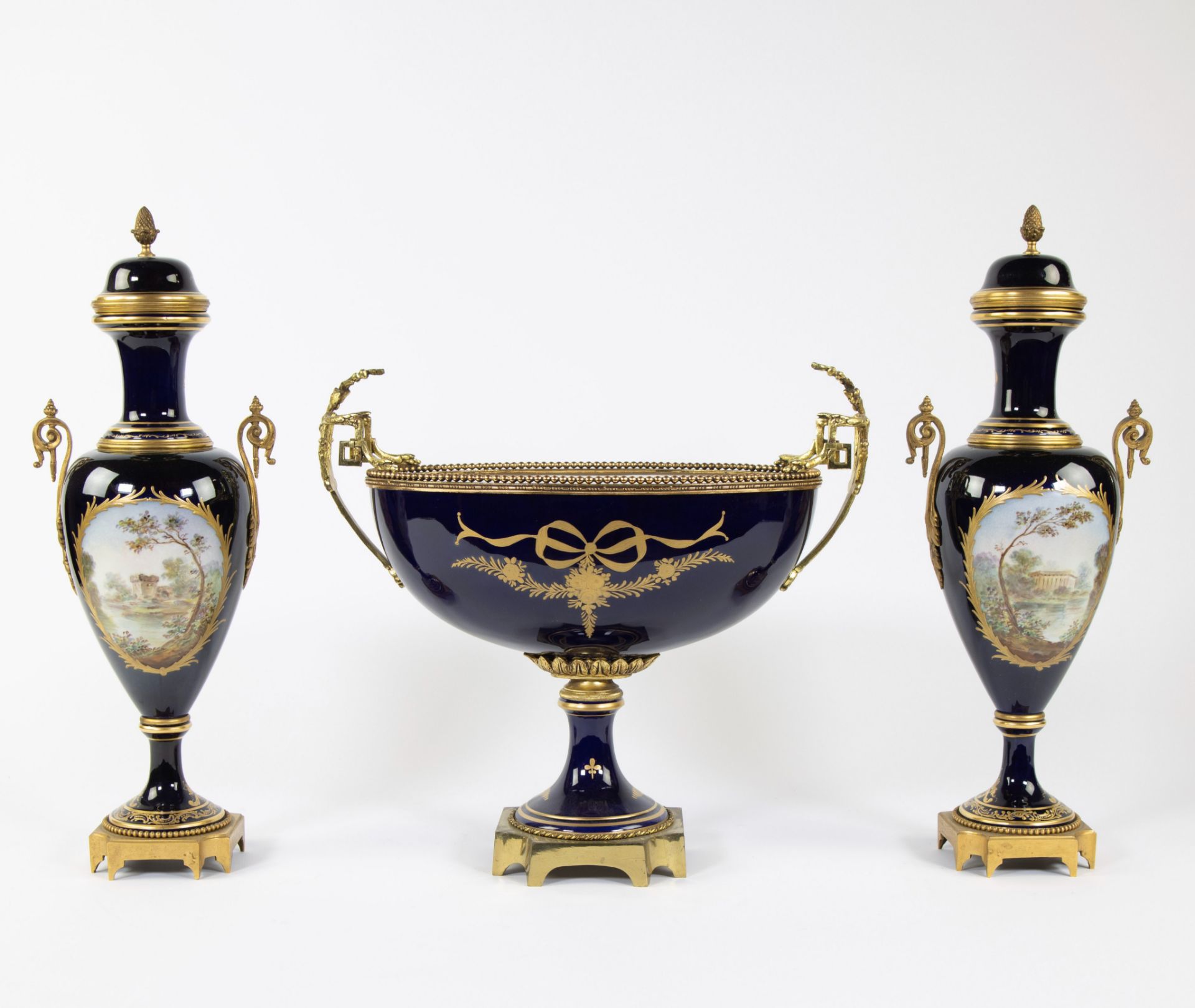 A three-part garnish with bronze mounts in Sèvres porcelain, France, marked - Image 2 of 9