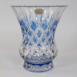 VAL SAINT LAMBERT colorless and light blue cut crystal vase with diamond cut decor, with original la