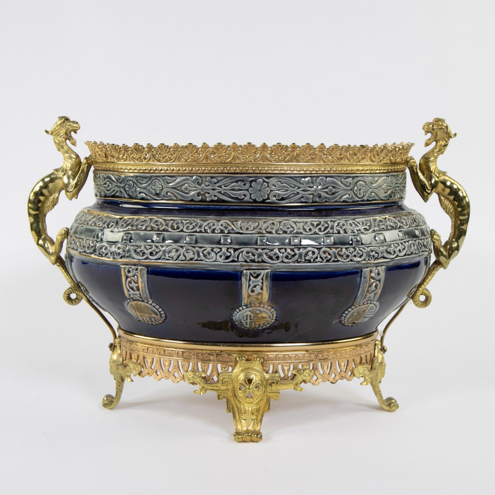 Exceptional and rare polychrome jardinière with gold-plated fittings and handles shaped as dragons. - Image 3 of 6