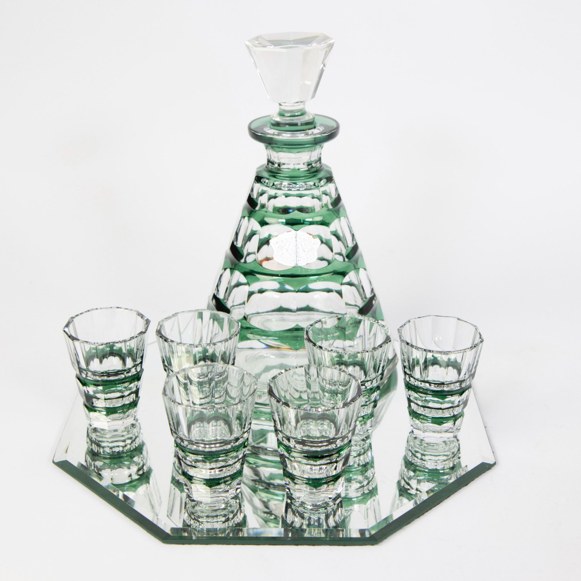 Val Saint Lambert Art Deco crystal liqueur set in clear and green cut crystal, decanter and 6 glasse