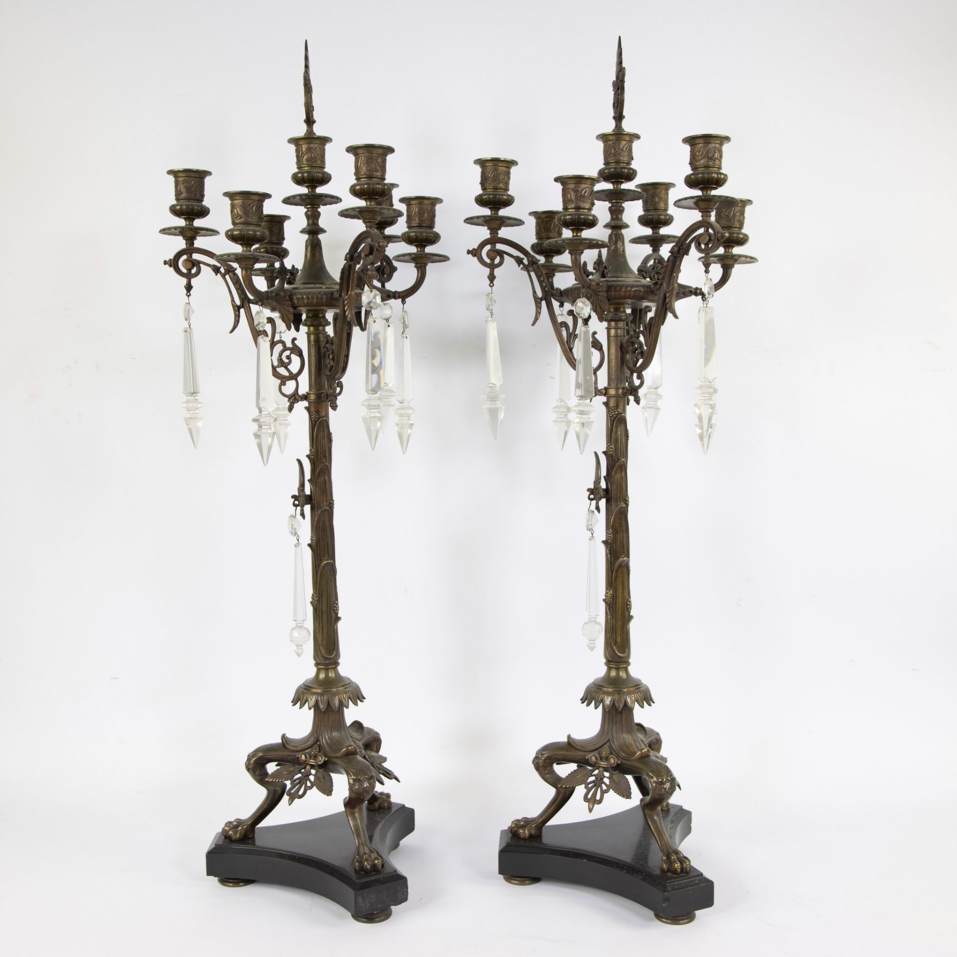 Two large rare solid bronze 19th century candlesticks with 7 light points, standing on claw feet and - Image 3 of 5