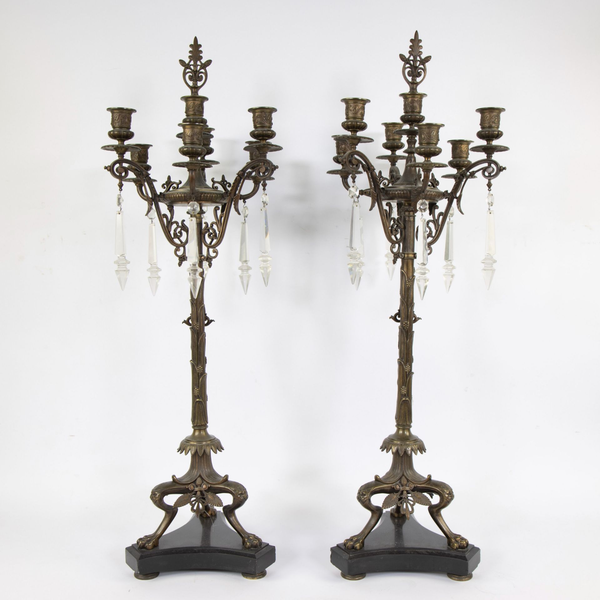 Two large rare solid bronze 19th century candlesticks with 7 light points, standing on claw feet and - Image 4 of 5