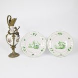 19th century porcelain hand painted jug in bronze mount and 2 plates Chinoiserie French 18/19th cent