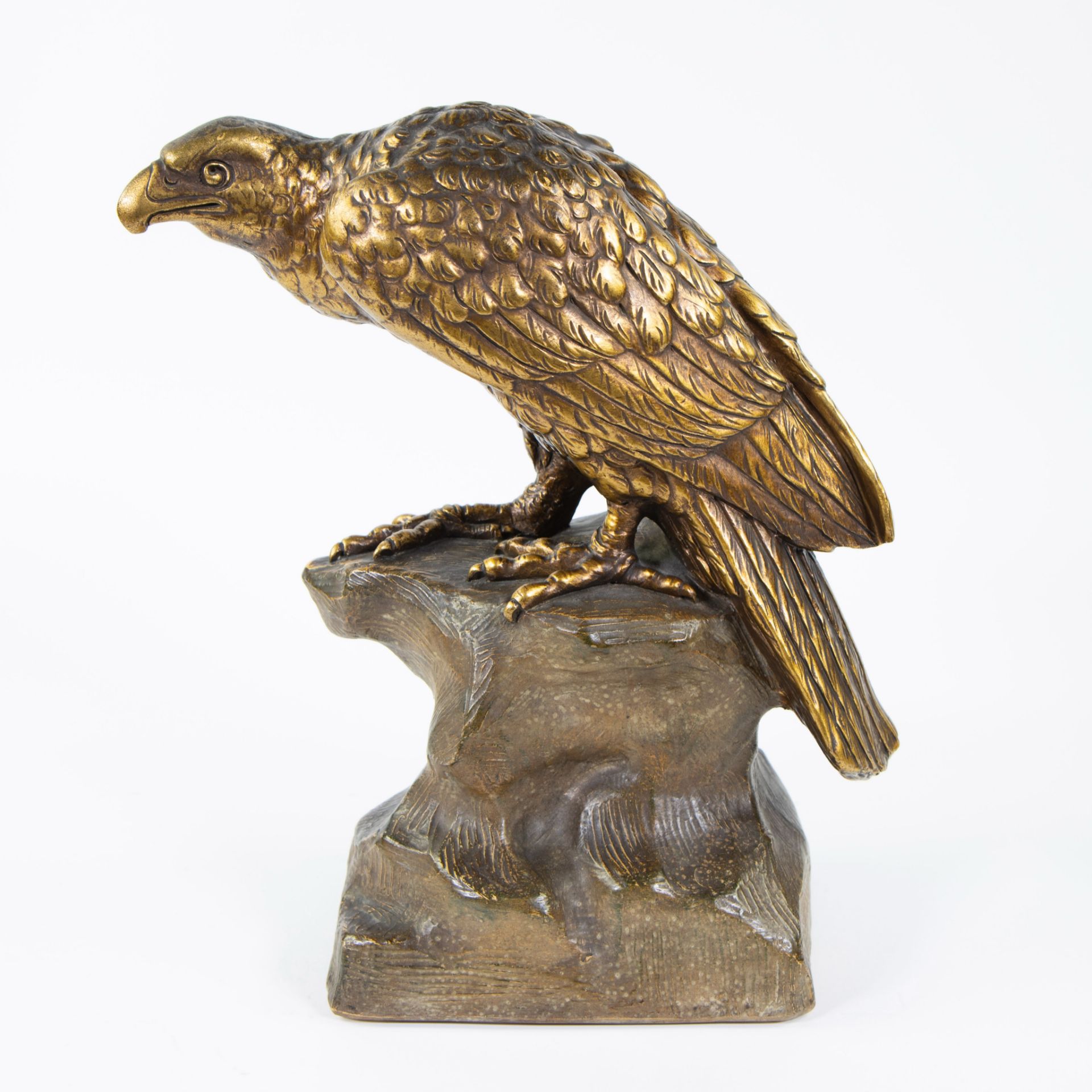 Gilded patinated plaster of an eagle. Illegeable signed. - Image 2 of 6