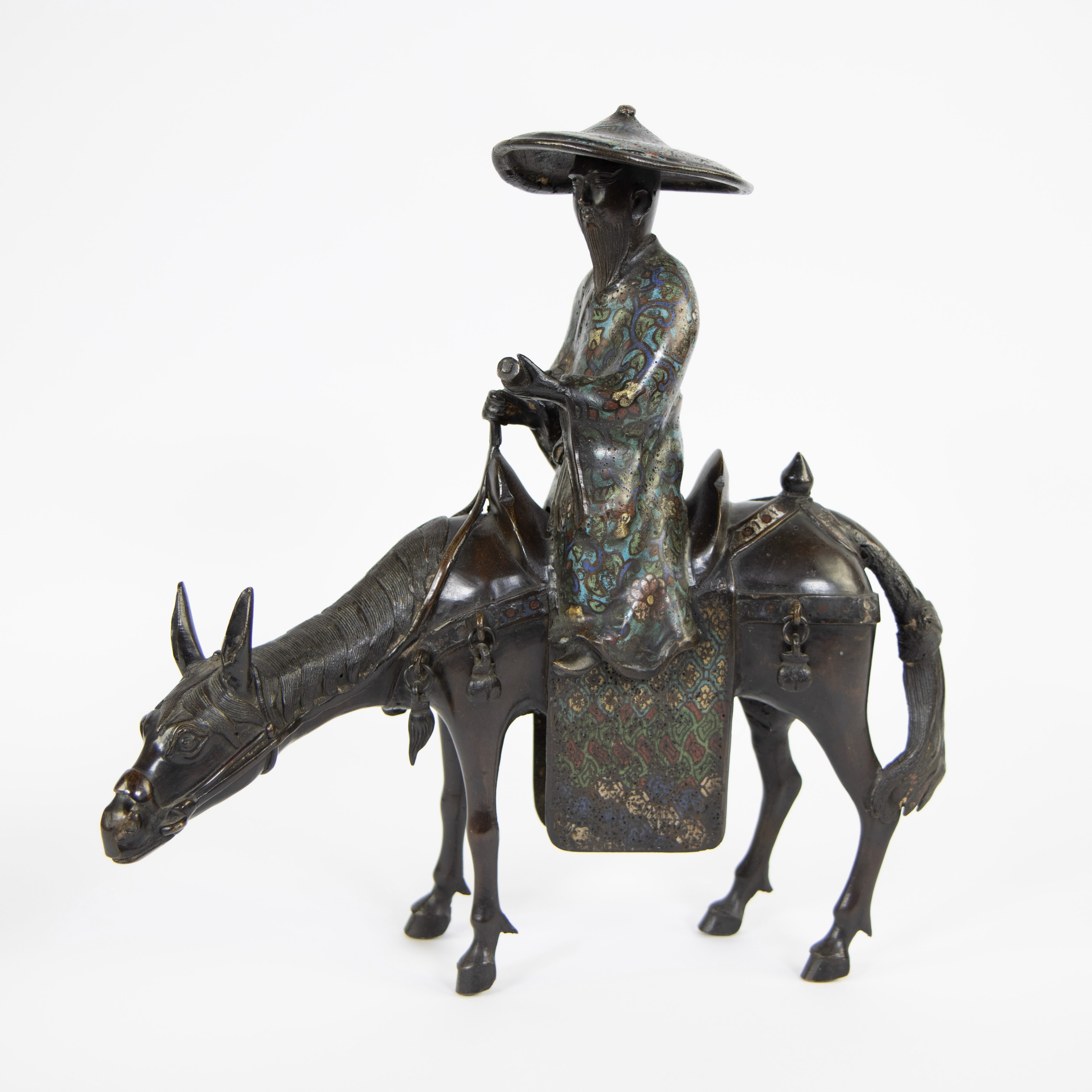 Japanese champlevé "Sage sur son âne" in bronze