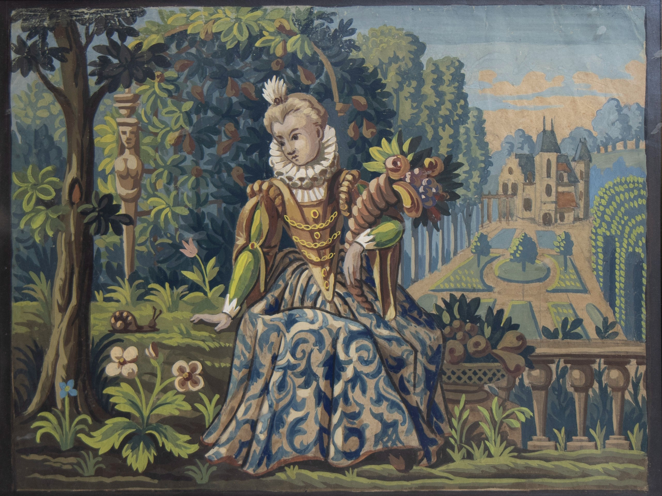19th century watercolor on paper, Noblewoman in castle garden, anonymous