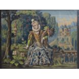 19th century watercolor on paper, Noblewoman in castle garden, anonymous