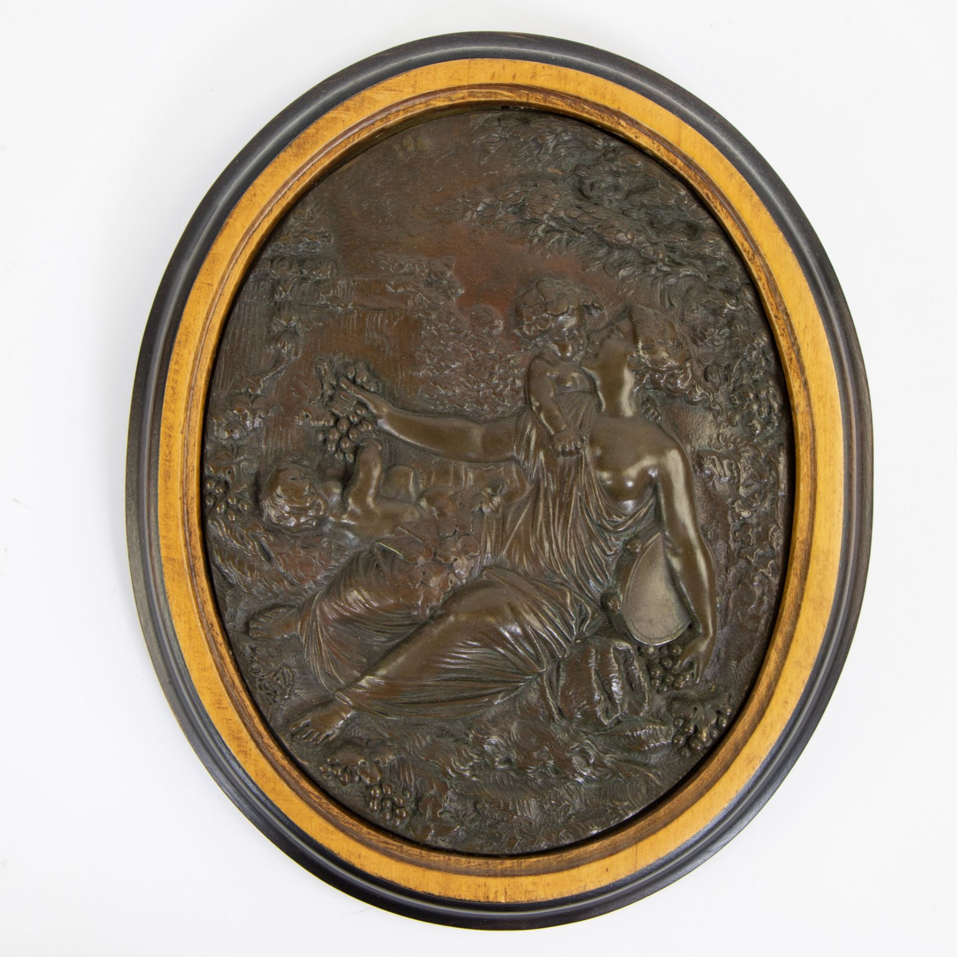 Collection of 2 oval bronze plaques Goddess and children with grapes and tambourine and Goddess with - Image 2 of 4