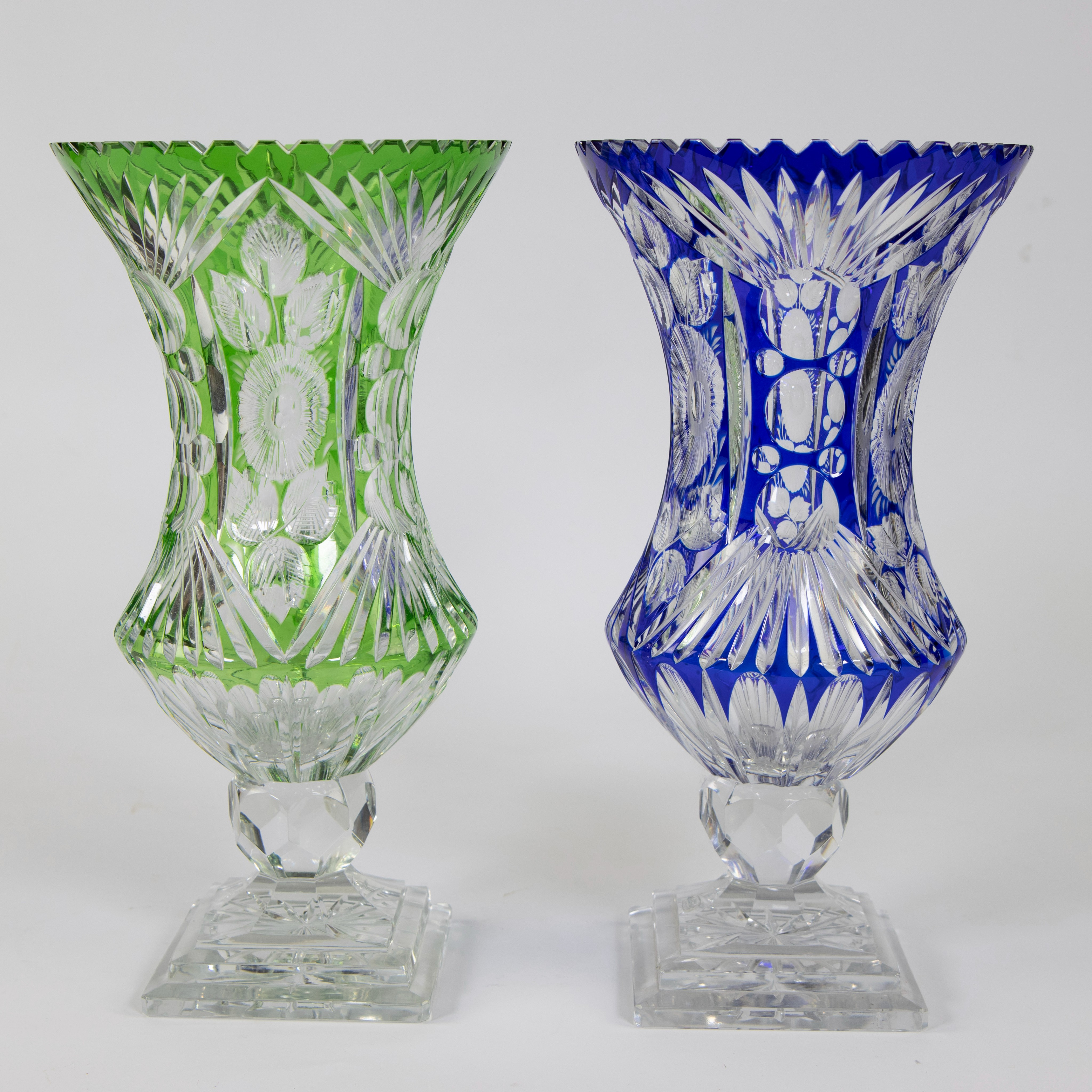 Collection of 2 Bohemian crystal vases light green and cobalt blue