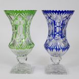 Collection of 2 Bohemian crystal vases light green and cobalt blue