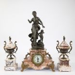 French 3 piece marble mantel clock, bronze Badinage, Hippolyte MOREAU, signed Savery, 19th century