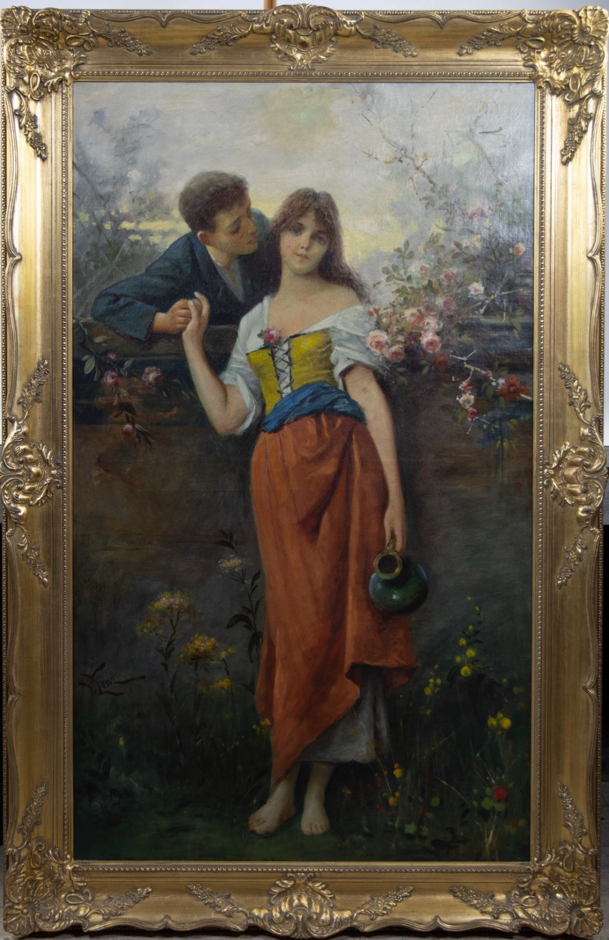 German school 19th century Oil on canvas Romantic scene, signed V Lenz - Bild 2 aus 4