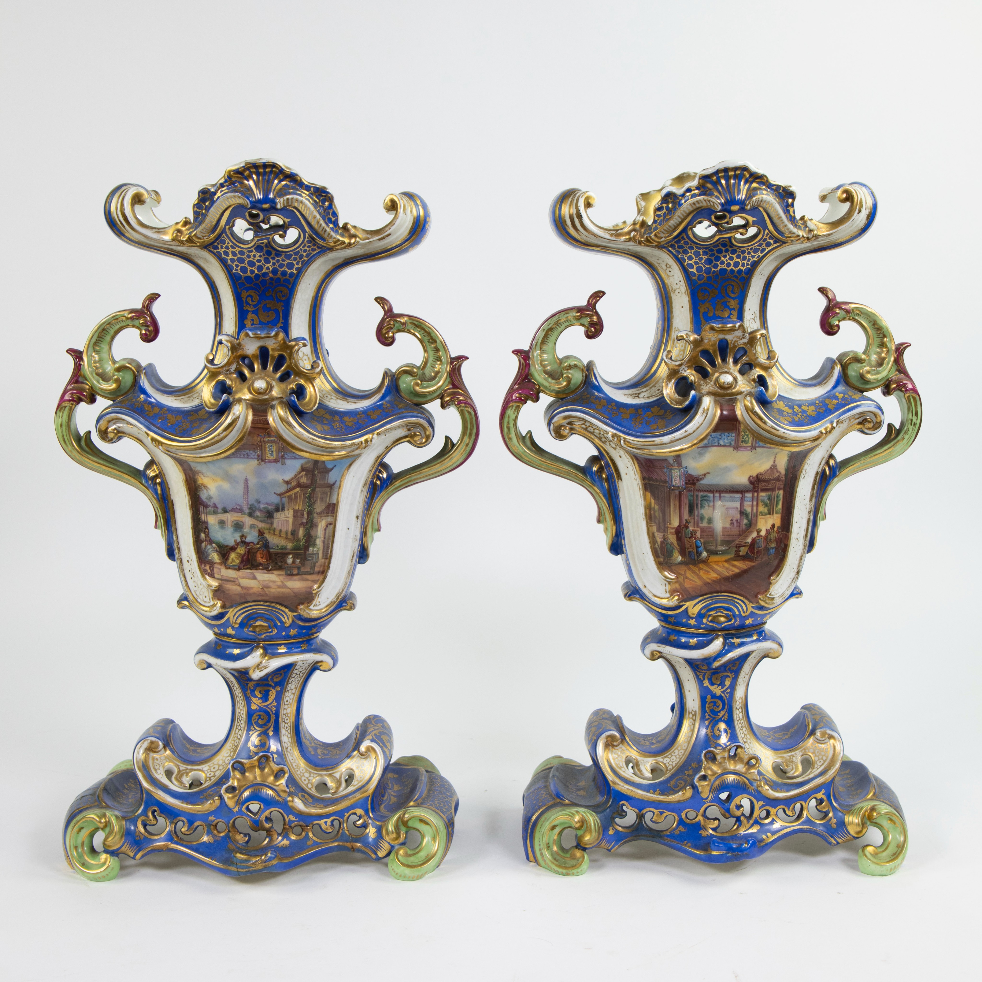 A pair of handpainted porcelain vases in the manner of Jacob Petit, Paris, France, ca 1850