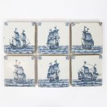 6 Delft tiles with images of ships of the Vereenigde Oostindische Compagnie, 17th century