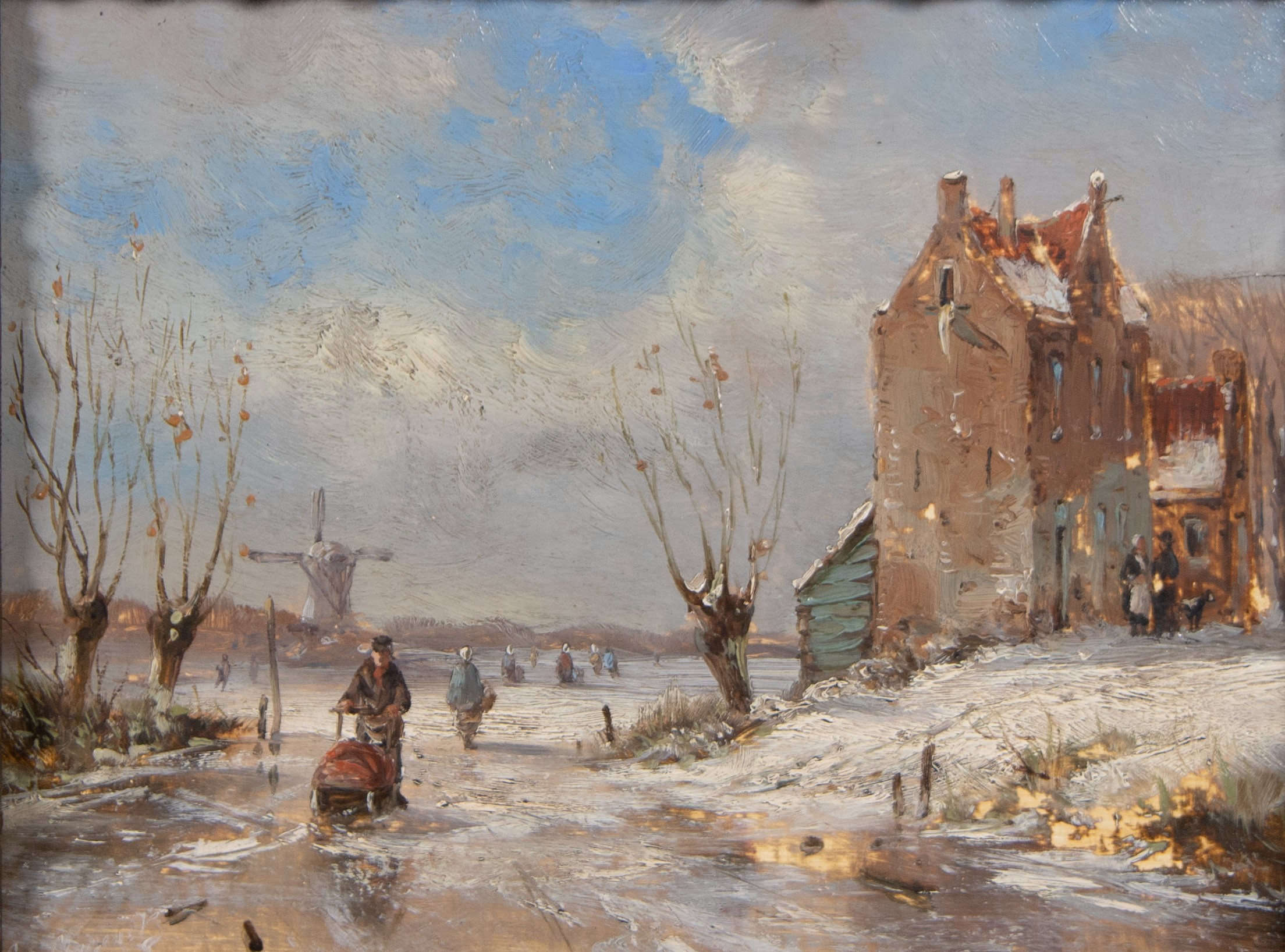 Oil on panel Winter landscape 19th century, signed