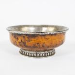 Tibetan Kapala silver inlay bowl with skull motif along the rim on the base