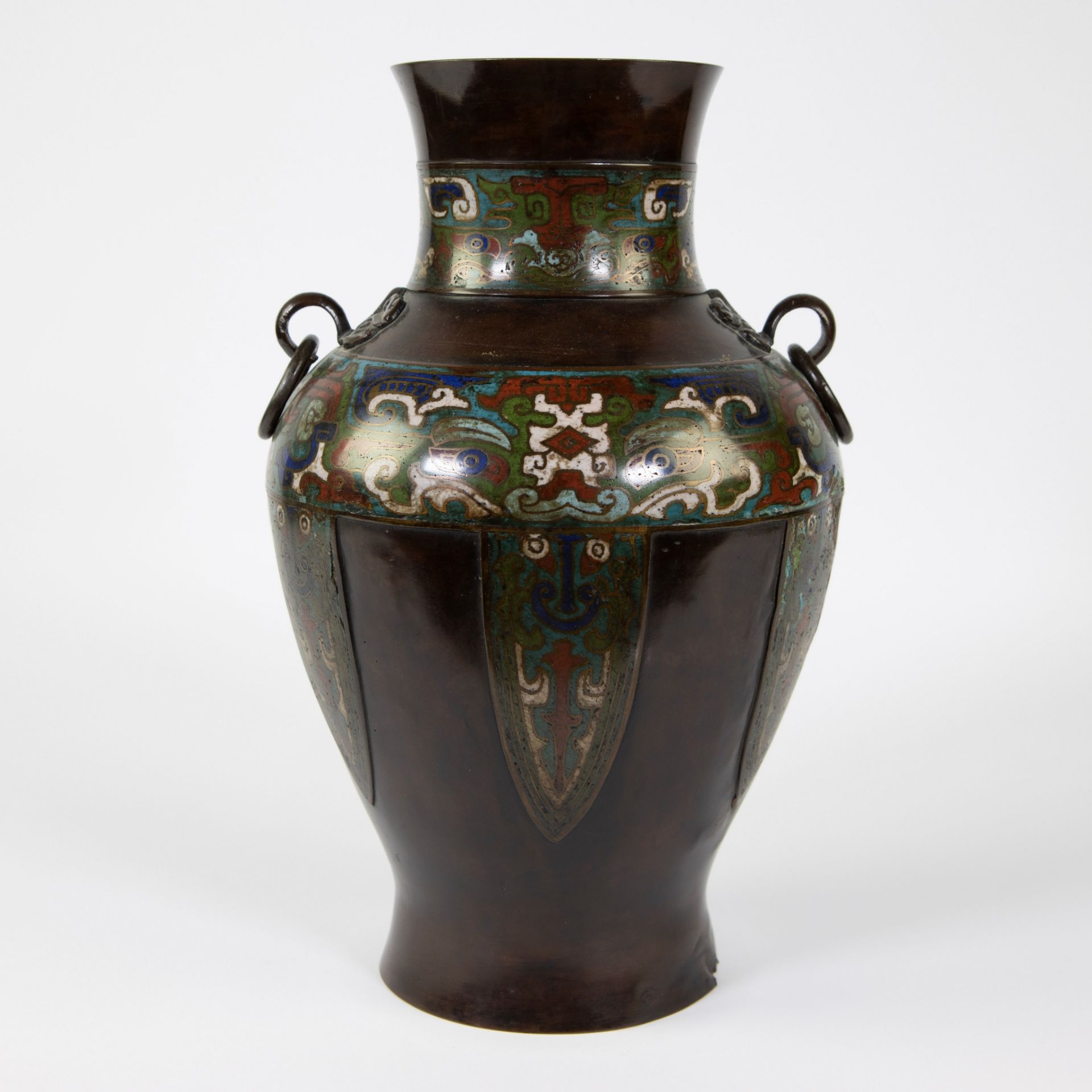 Japanese bronze champlevé vase, marked, 19th century