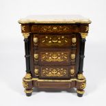 A side cabinet in veneered wood with three drawers, flanked by columns and decorated with marquetry