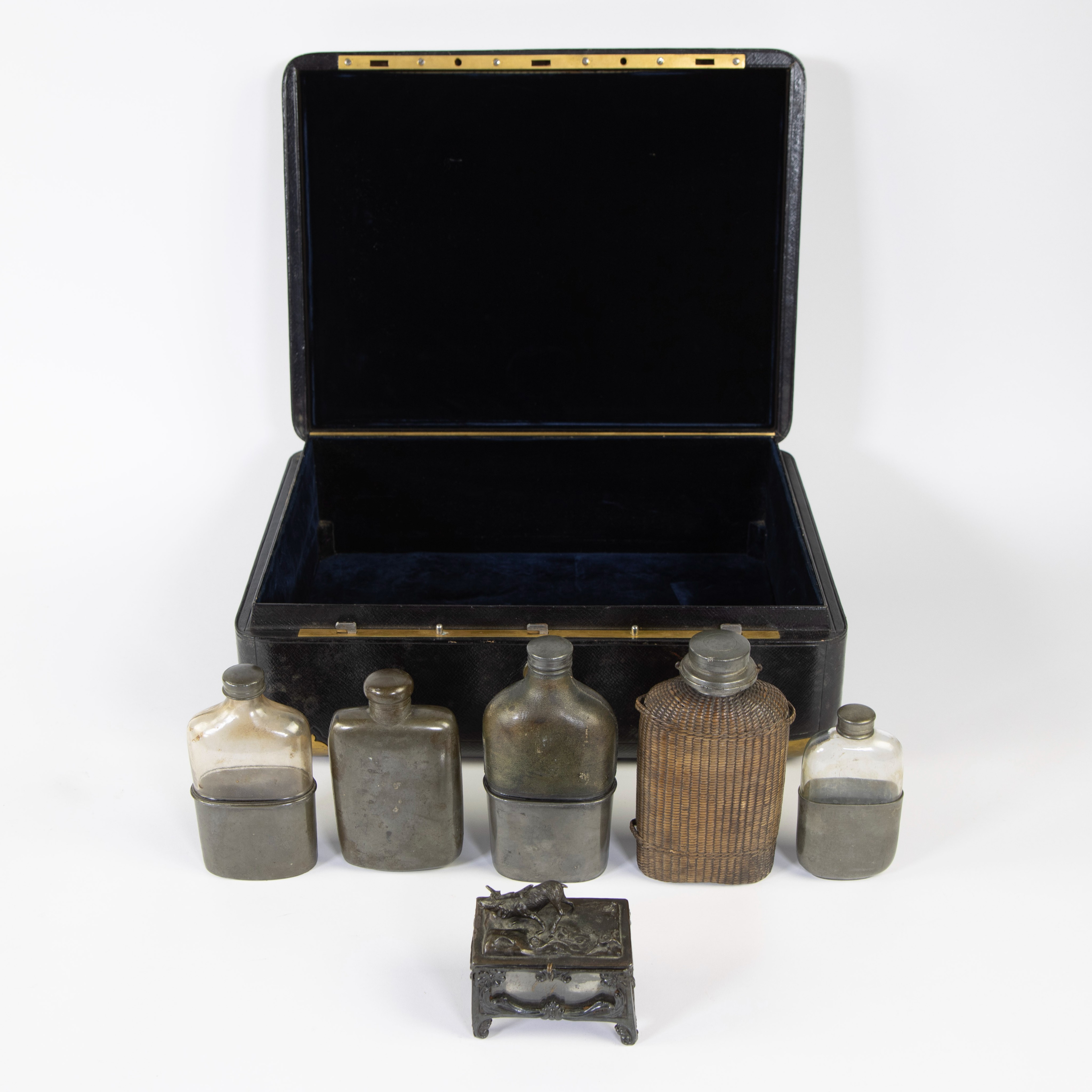 Money box of the nobility (with initials) of a baron and collection of hip flasks and a small box