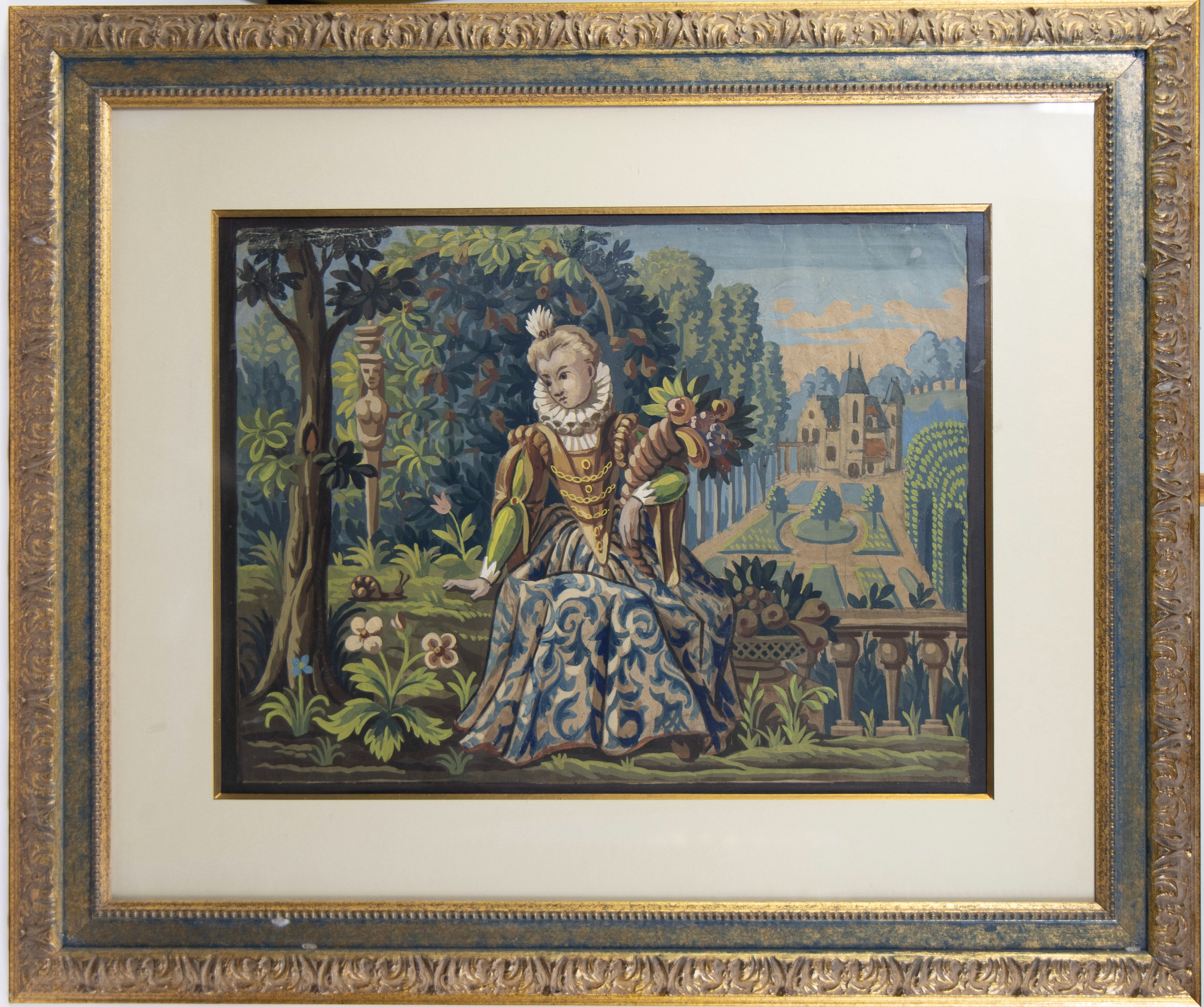 19th century watercolor on paper, Noblewoman in castle garden, anonymous - Image 2 of 2