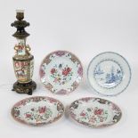 Lot 4 Chinese plates, 3 famille rose and 1 blue/white 18th century and Canton vase transformed into