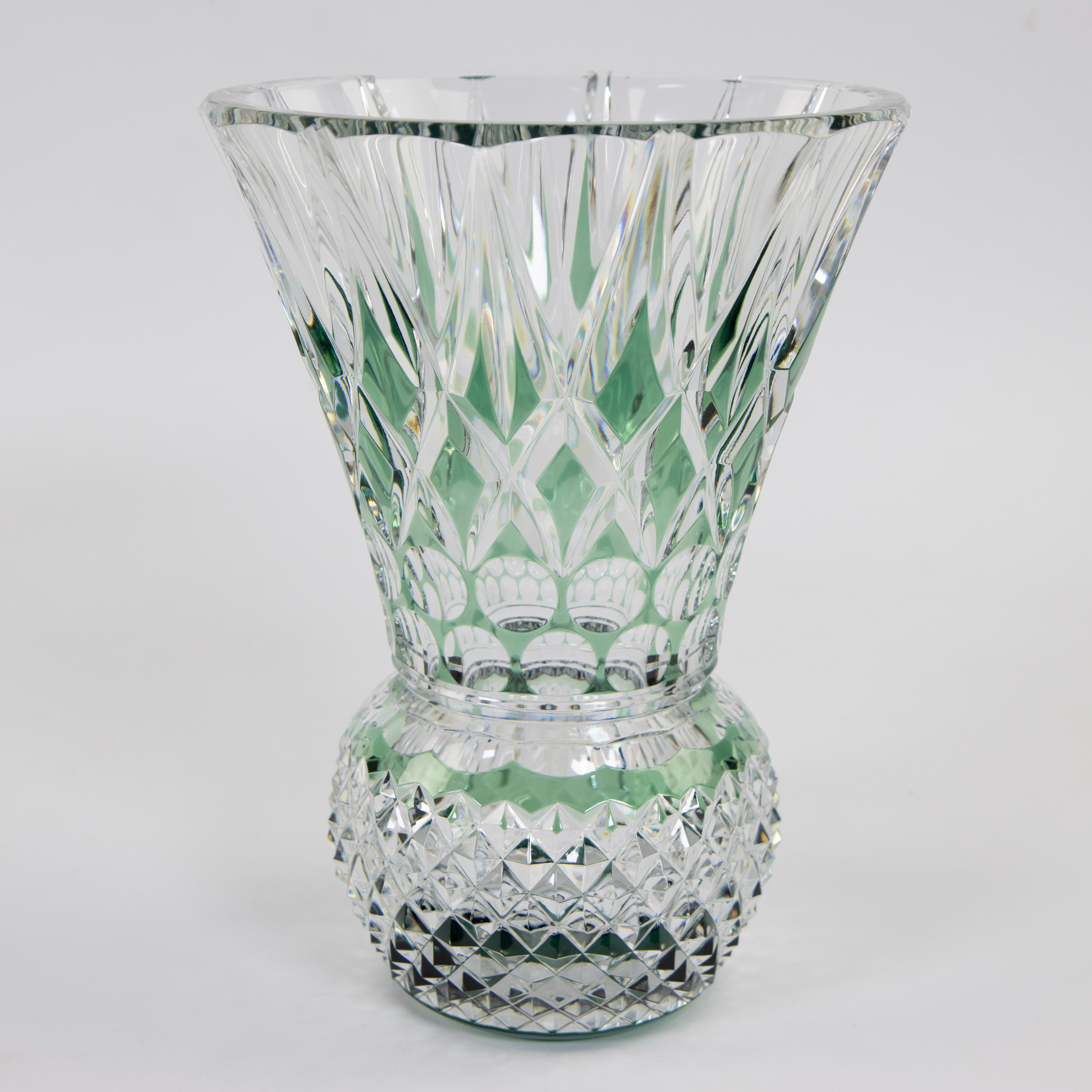 VAL SAINT LAMBERT colorless and light green cut crystal vase with diamond cut decor model OMAR