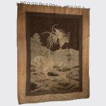 Japanese wall textile decor with roosters, signed, 19th century