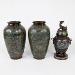 Japanese champlevé vases and incense burner, marked