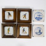 Lot of 6 Delft tiles, 4 polychrome and 2 blue/white