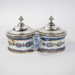 Brussels faience oil and vinegar set converted into inkwells, with silver mounts, 18th century